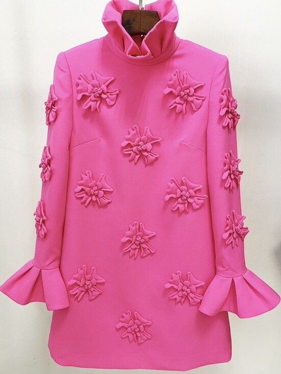 moxie 31 district Dresses & Skirts - Hot Pink 3D Floral Applique Turtleneck A-line Shift Dress Bell Sleeves Sz.S